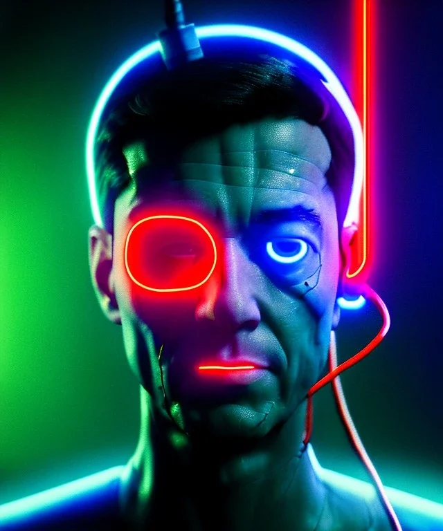 Ultra realistic photographic night portrait, cinematic, <pretty woman> <hanging wires> <retro monitor> many wires coming out of the head <perfect pupil> <cyborg arm> <garage> <wide angle Shot> <sci-fi futuristic> <thriller>, neon lights, color fog, soft color, highly detailed, unreal engine 5, ray tracing, RTX, lumen lighting, ultra detail, volumetric lighting, high definition.