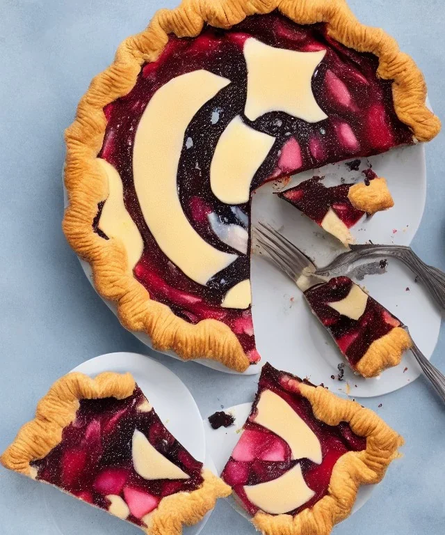 Photorealistic slice of pie with cosmic frosting on a platter