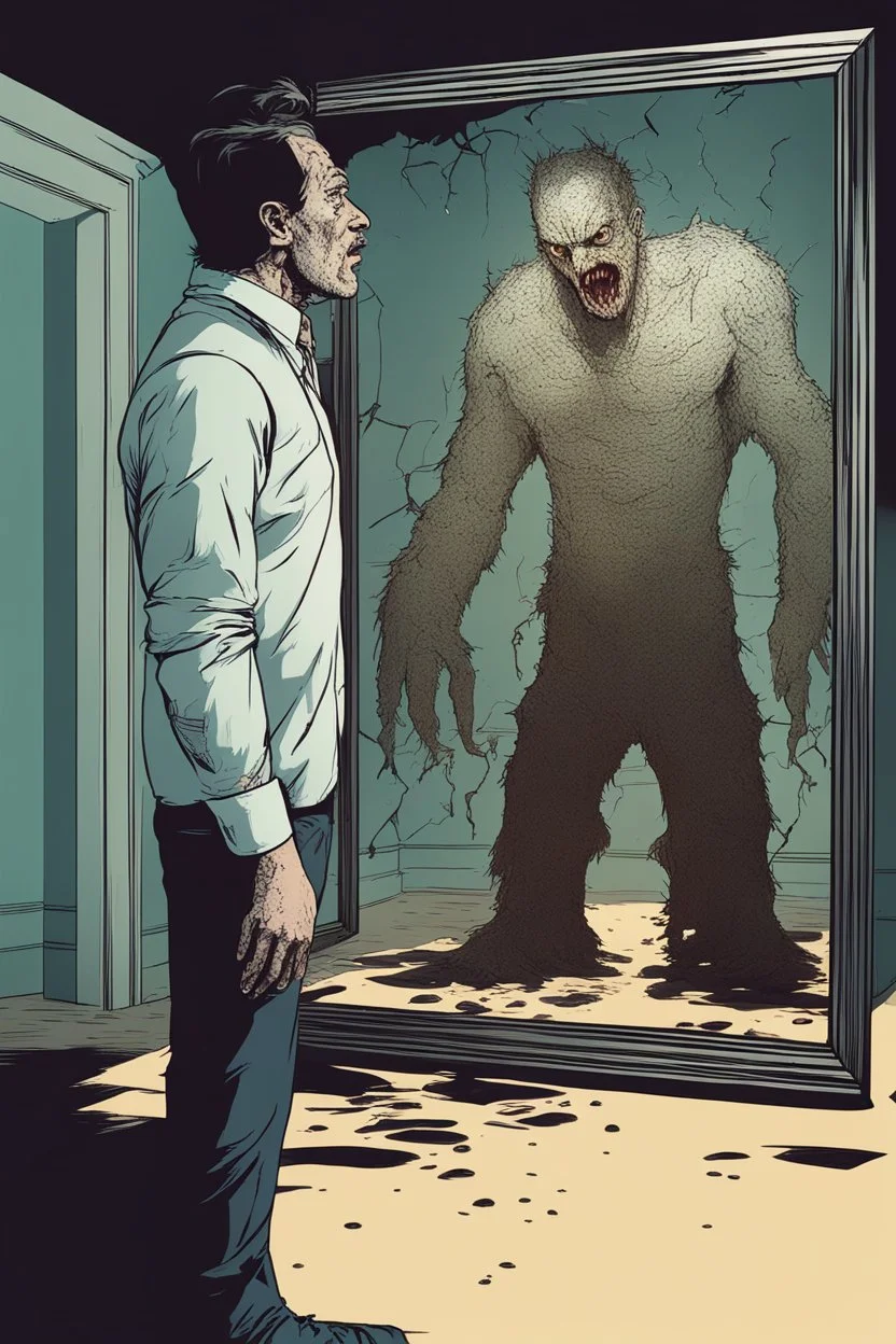 a man looking into a shattered mirror and seeing a horrifying, abstract deranged monster in his reflection