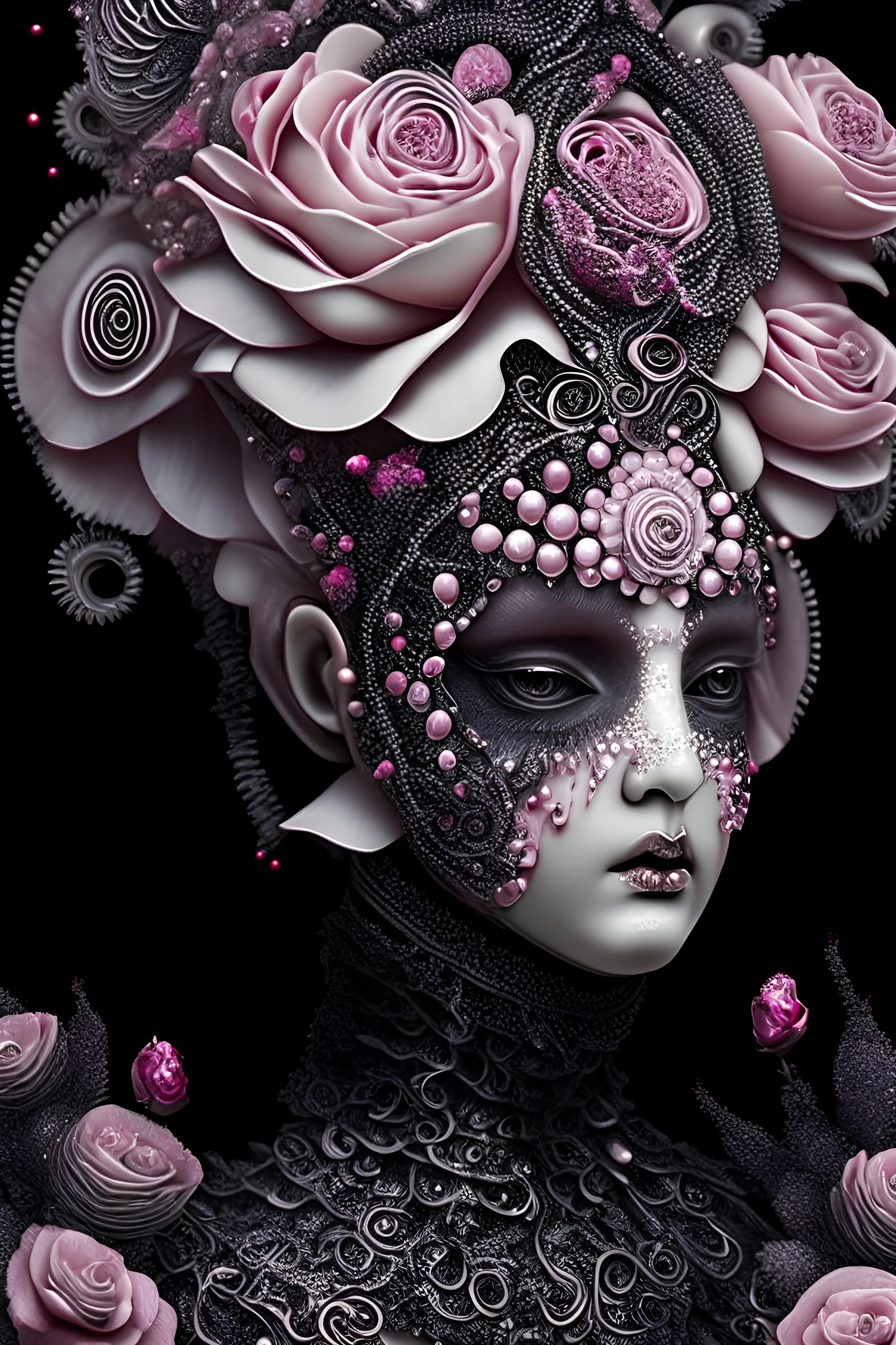 Beautiful bioluminescense black and silver humanoid lady snail textured detailed lace ornate house portrait, adorned with white and pink flower dust, pink rose and black rose silver dust beads, wearing diadem headress, wearing Renaissance costume, organic bio spinal ribbed detail of Renaissance textured bioluminescense watery floral silver floral dust creative background maximálist hyperrealistic concept art