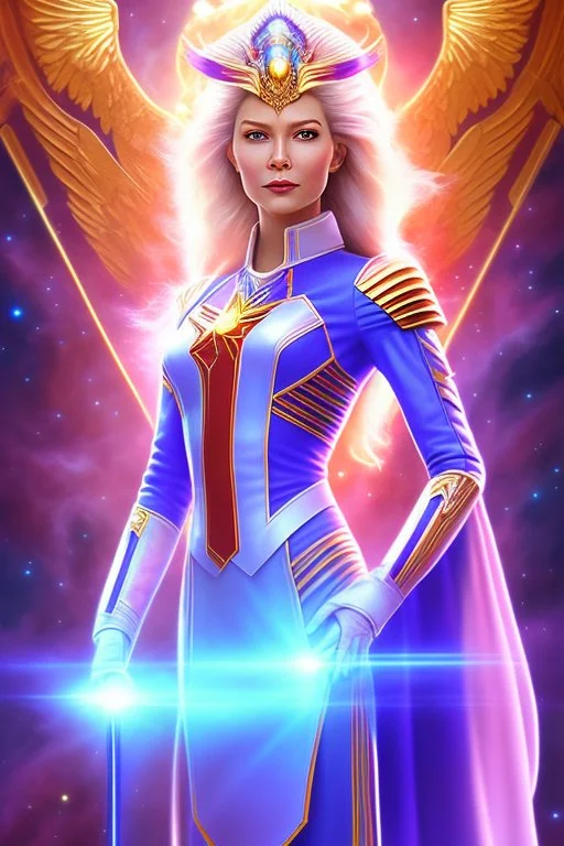 young cosmic woman admiral from the future, one fine whole face, large cosmic forehead, crystalline skin, expressive blue eyes, blue hair, smiling lips, very nice smile, costume pleiadian,rainbow ufo Beautiful tall woman pleiadian Galactic commander, ship, perfect datailed golden galactic suit, high rank, long blond hair, hand whit five perfect detailed finger, amazing big blue eyes, smilling mouth, high drfinition lips, cosmic happiness, bright colors, blue, pink, gold, jewels, realistic, real