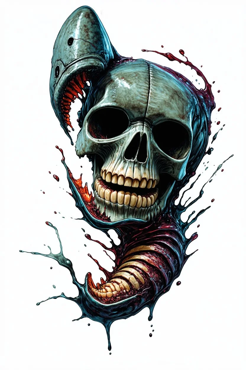 A MECHANICAL NON HUMAN SKULL AND PHALLIC SYMBOL DARK SLIMEY AND GIVING BIRTH SHARKS TEETH with a touch of H.R. Giger's biomechanical aesthetic. Hyperdetailed and rendered in 8k resolution, a true masterpiece. hyperdetailed intricately detailed Splash art action painting film noir photorealism psychedelic art telephoto lens aetherpunk horror post-apocalyptic VIVID IN COLOR
