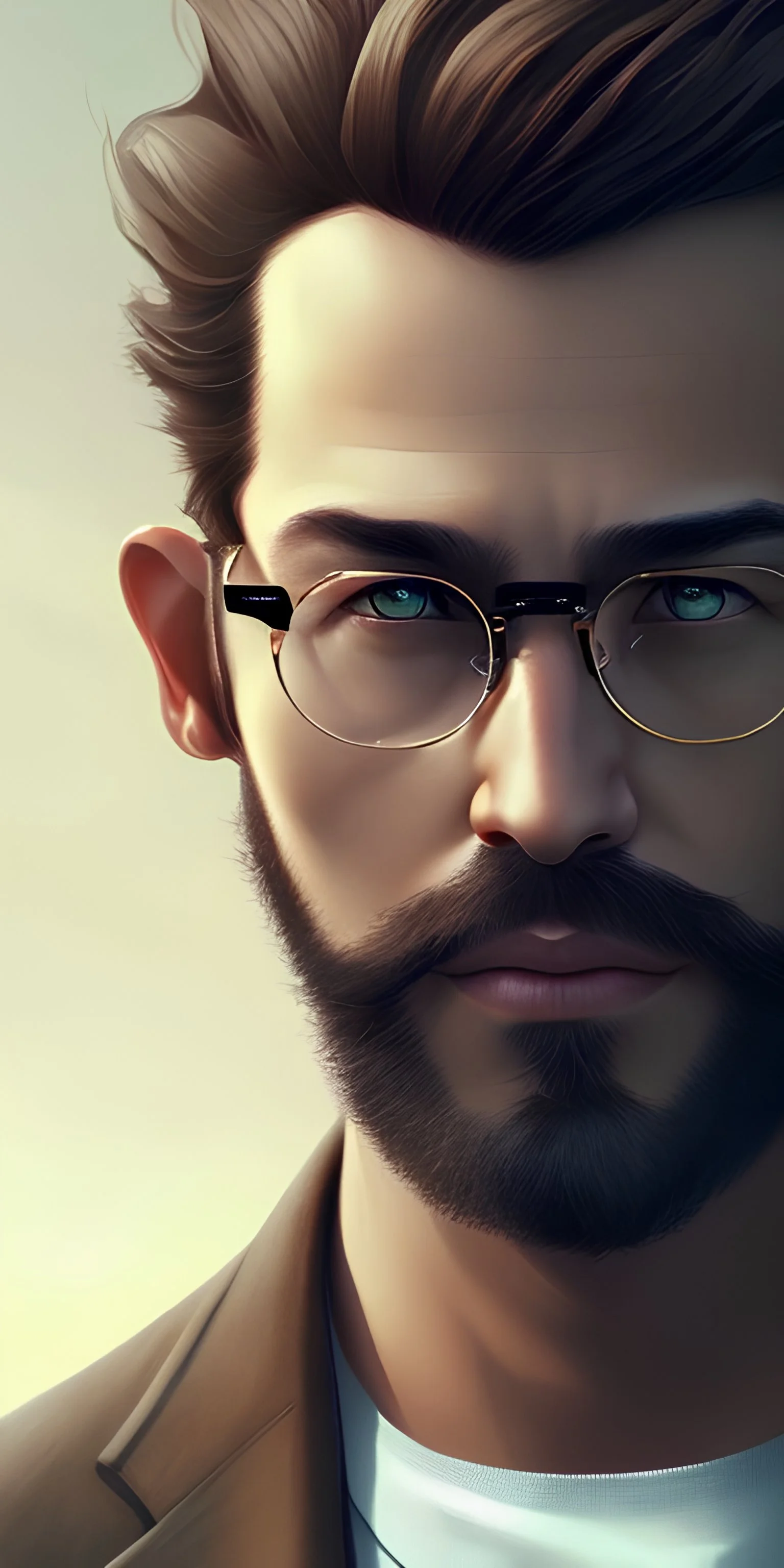 boy, young, glasses, beard, brown hair, brown eyes, medium hair, bangs side part, head and shoulders portrait, head and shoulders portrait, 8k resolution concept art portrait by Greg Rutkowski,