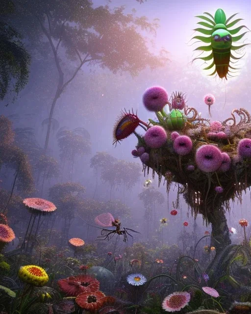 large venus fly trap with teeth eating a dragonfly, flowers, jungle, hyperrealistic, trees in background, digital art, alien like, disgusting, intricate, morbid, rainy, sinister, volumetric lighting, unreal engine, high resolution, 8k, depressing colours,