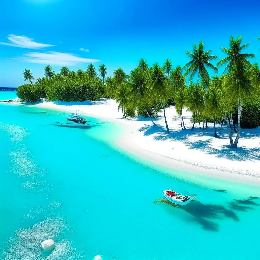 A pristine tropical island with palm trees, speed boats, crystal-clear turquoise waters, and a deserted white-sand beach.