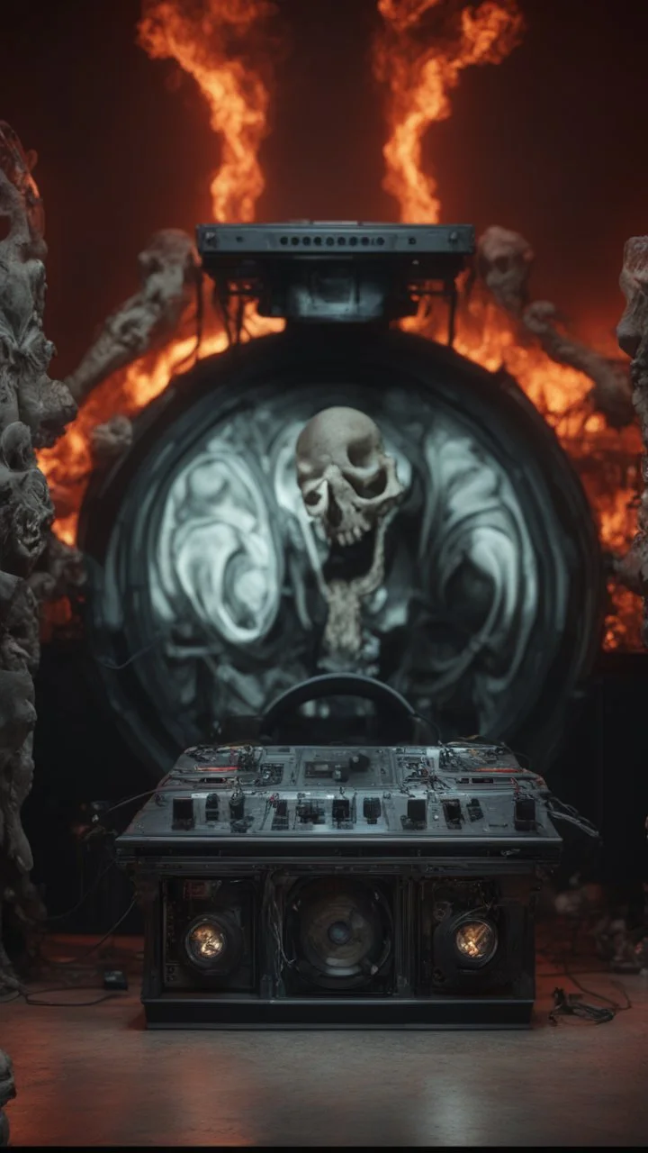 DJ of the damnded, insanely detailed DJ booth in hell, MID set, speakers and equipment made of bone, anatomically correct, add more skulls in th audience, photorealism, vray, 8k 3d