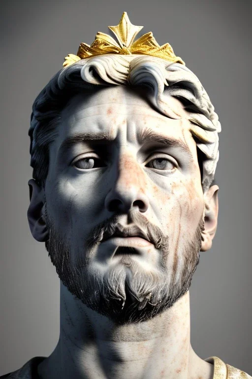 Realistic image, Roman sculpture made in white marble with gold veins, Lionel messi with gold laurel leaves crown, two blue brushes, decorative star on the chest, waist up portrait, marble material, gold ornaments, Baroque style, sun rays background, epic, celestial, cinematic lighting, God lights, 4k resolution, smooth details, soft lighting, unreal engine 5, art station, substance 3d.