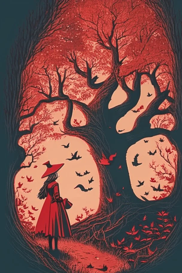 in a cosy vintage style, a witch marvels at a red tree