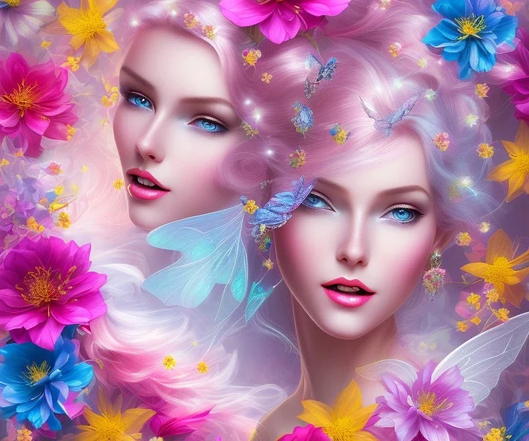 beautiful bright fairy portrait who smiles with long hair, thin face, two hands, two transparent wings on her back in a pink,blue, yellow flowers background,