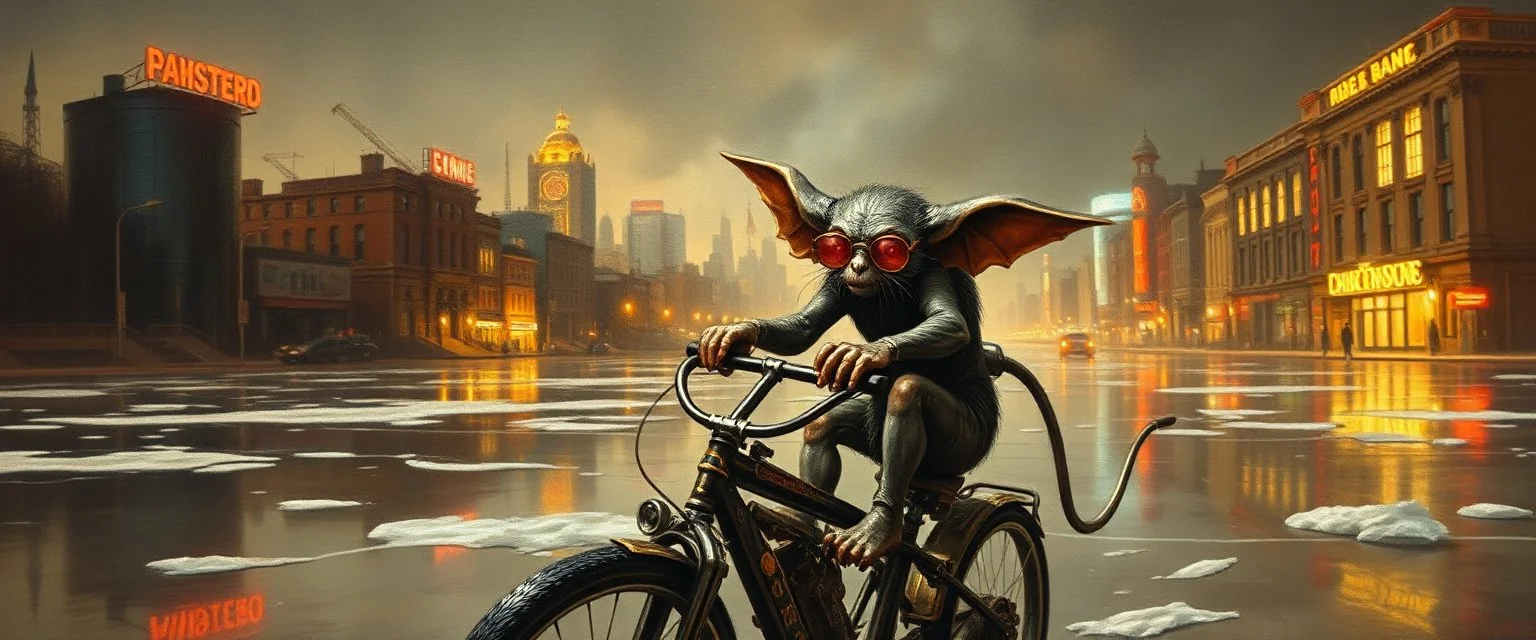 master oil painting by Rembrandt,the tilted quilter,glasses and ticks, cyberpunk imagery synchronized mechanical gremlin rat bat drumming kit trike flickering stable core, wet reflective salt flat city