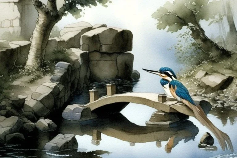 an artist with an easel sits on a stool next to a little stone bridge, he is painting a kingfisher. highly detailed, smooth colours. Watercolour.