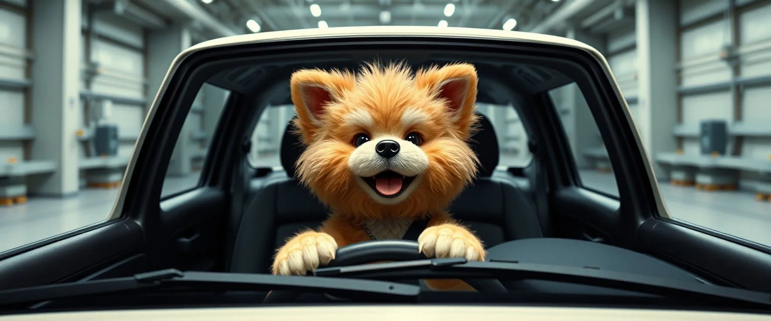car driving happy 2d fluffy dwarf dog in the style of Escher and Giger and Fallout 4, pinhole cam, airbrush 3d rendering, on tv screen:A five-second cinematic single take in a clean industrial presentation hall.