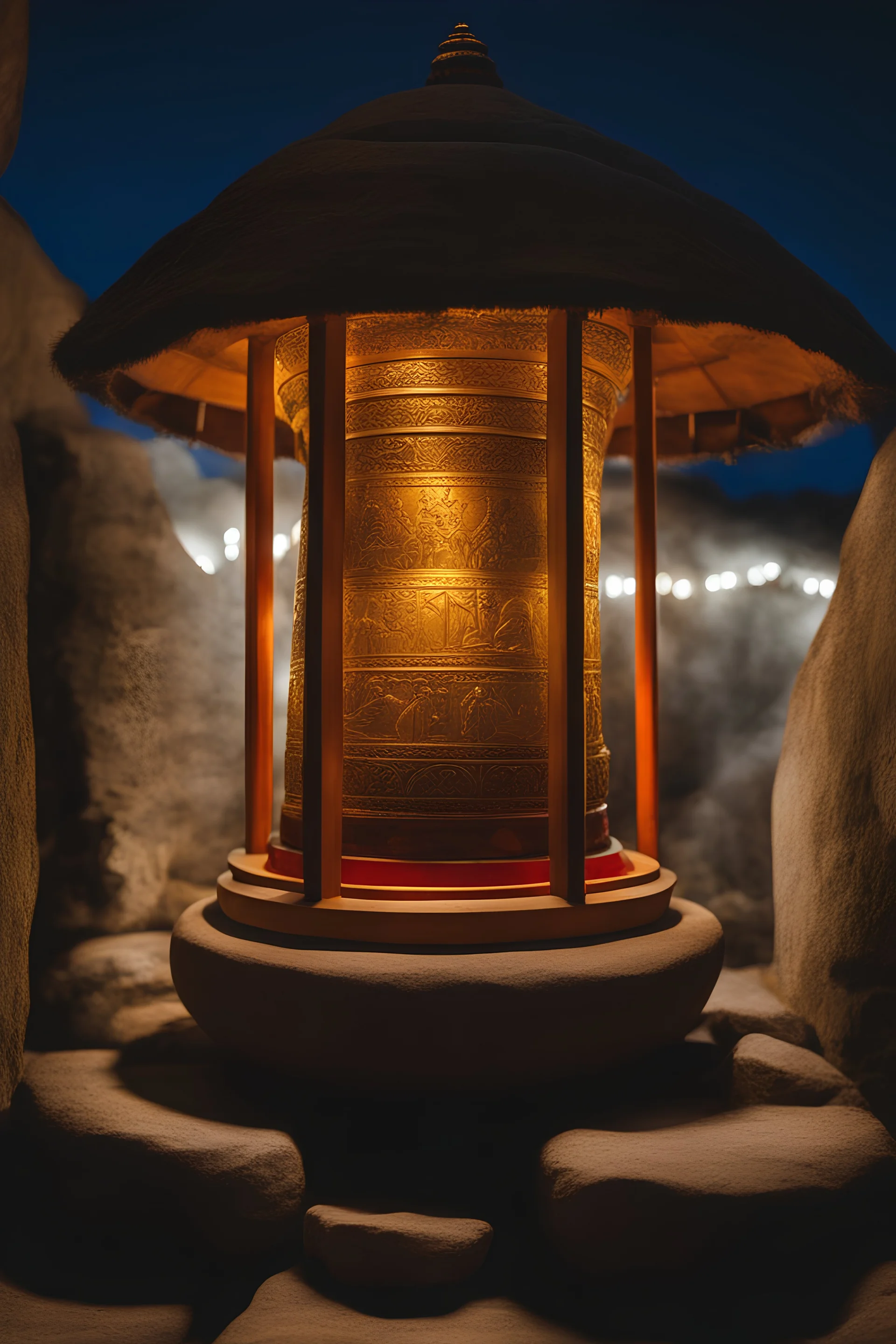 Wise men of the mountain of light on a prayer wheel, illuminated in a circle of stones, all in a sacred temple