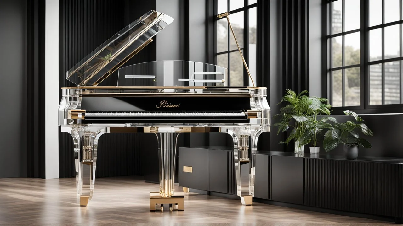 An innovative, award-winning, fully transparent piano . showcasing all its intricate mechanical components visibly. The design highlights its modern elegance, with sleek lines and a minimalistic approach, emphasizing the beauty of its transparent structure and the complexity of its inner workings. The piano stands gracefully in a well-lit, contemporary setting, casting soft reflections on the floor, symbolizing the fusion of art and techno