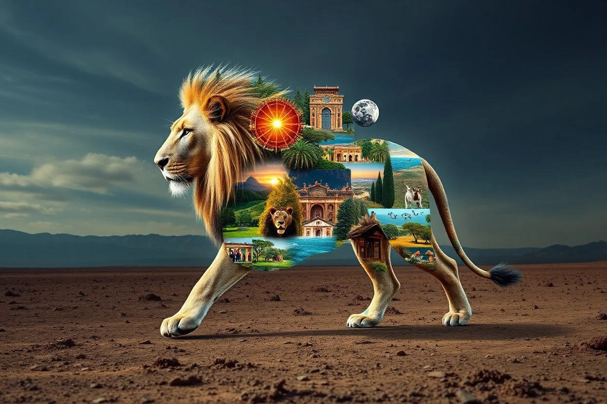 hyperrealistic visual expression of a lion forming from multiple layered scenes depicting various aspects of life. Each segment of the lion's form is a different snapshot of life, ranging from a bustling city street to a serene countryside, from an active underwater world to a tranquil forest scene. This majestic collage of life is seen striding unabashedly across a stark, desolate wilderness, underlining the beauty and vitality of life even amidst a barren landscape.