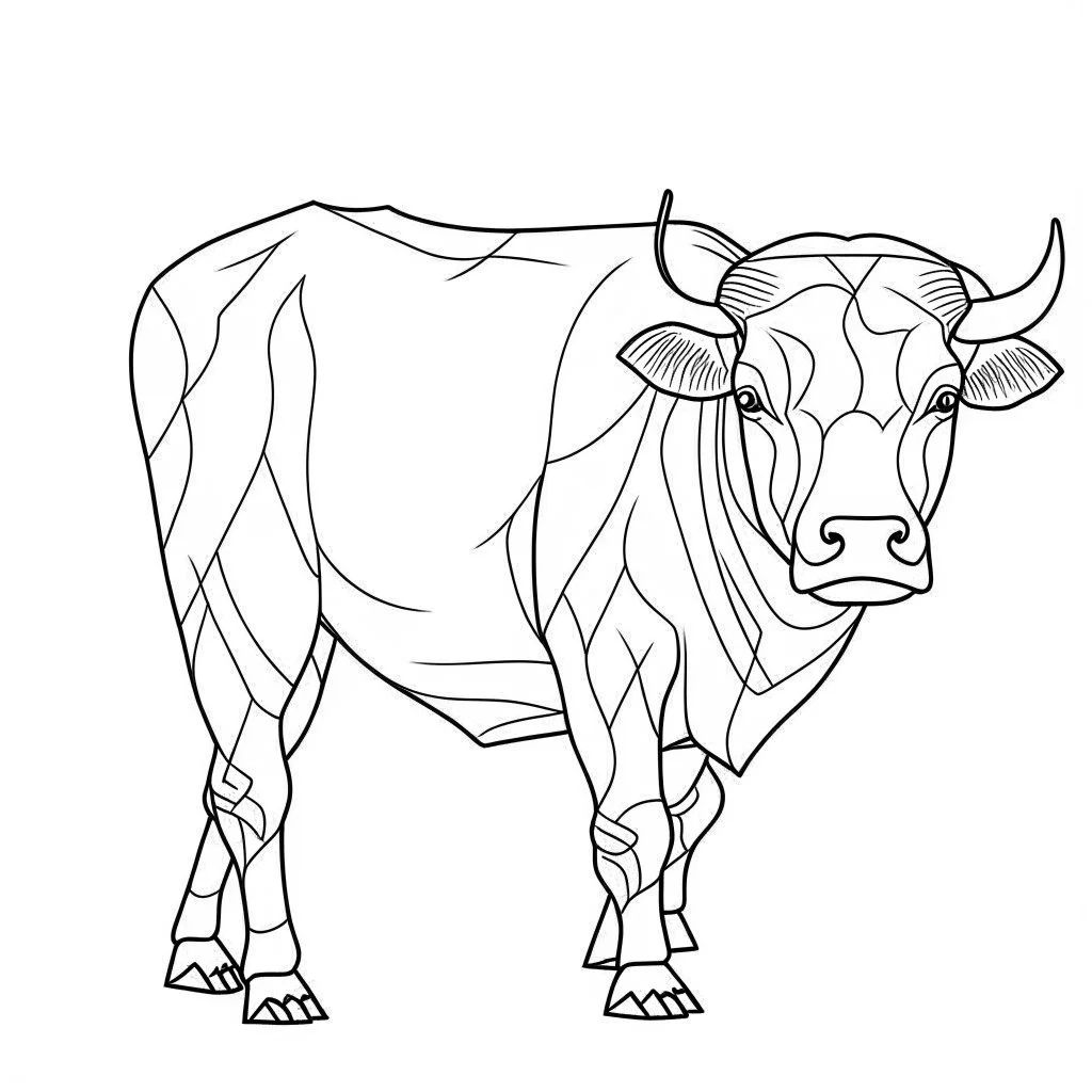 bull, animal, full view, realistic face, coloring page, only draw lines, coloring book, clean line art, –no sketch, color, –ar 3:4, white background, minimalistic black lines, minimal black color, low level black colors, coloring page, avoid thick black colors, thin black line art, avoid colors, perfect shape, perfect clear lines,