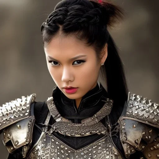 beautiful young asian queen with black leather studded armor, delicate black braided hair with ponytail, glass eyes, highly detailed, 8k, ambient light, taylor swift