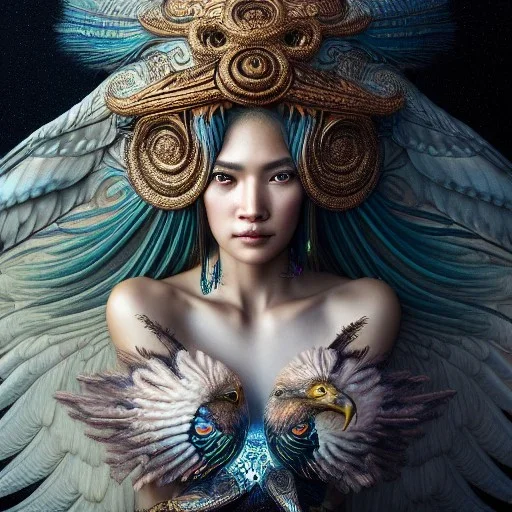 Insanely detailed photograph of an elaborate beautiful eagle goddess intricate glowing skin eyes intricate face hair lashes fur dress hyperdetailed painting by Anna Dittmann Huang Guangjian and Dan Witz CGSociety ZBrush Central fantasy art album cover art 4K 64 megapixels 8K resolution HDR Greek shiny space colours jewelry celestial hair eyes light"