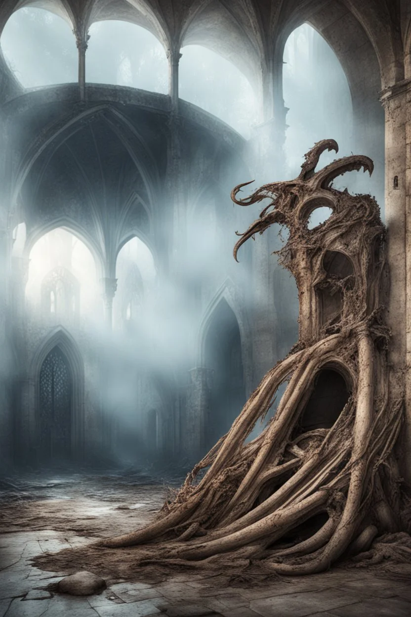 dark fantasy art of a medieval abandoned hall