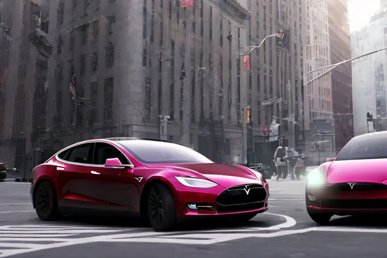 A Tesla 'Model S' is drifting at high speeds, on 'Wall Street', in New York. (CINEMATIC, WIDE ANGLE LENS, PHOTO REAL)
