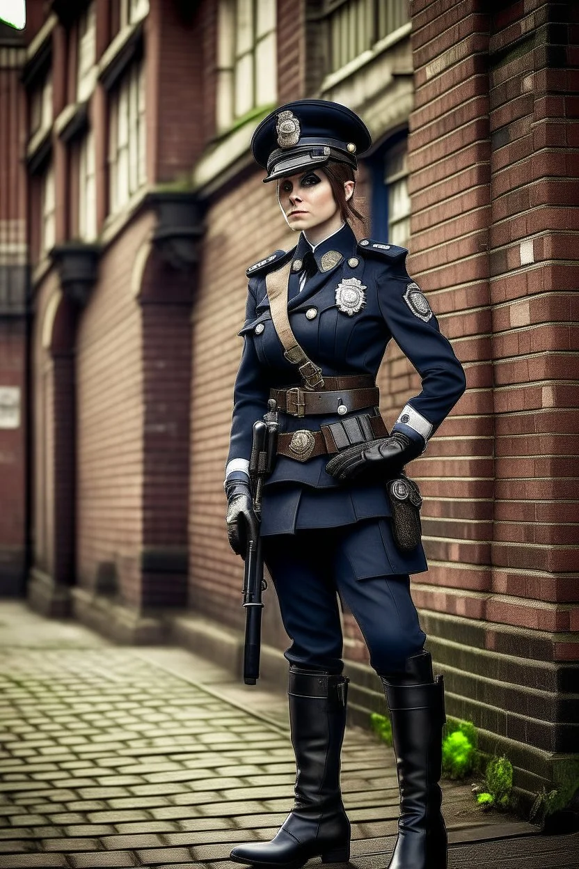 full body picture of a UK policewoman, steampunk city background