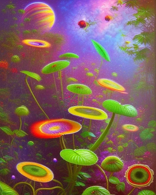 mystical venus fly trap, flowers, jungle, vibrant colours, impressionism, soft lighting. trees in background,