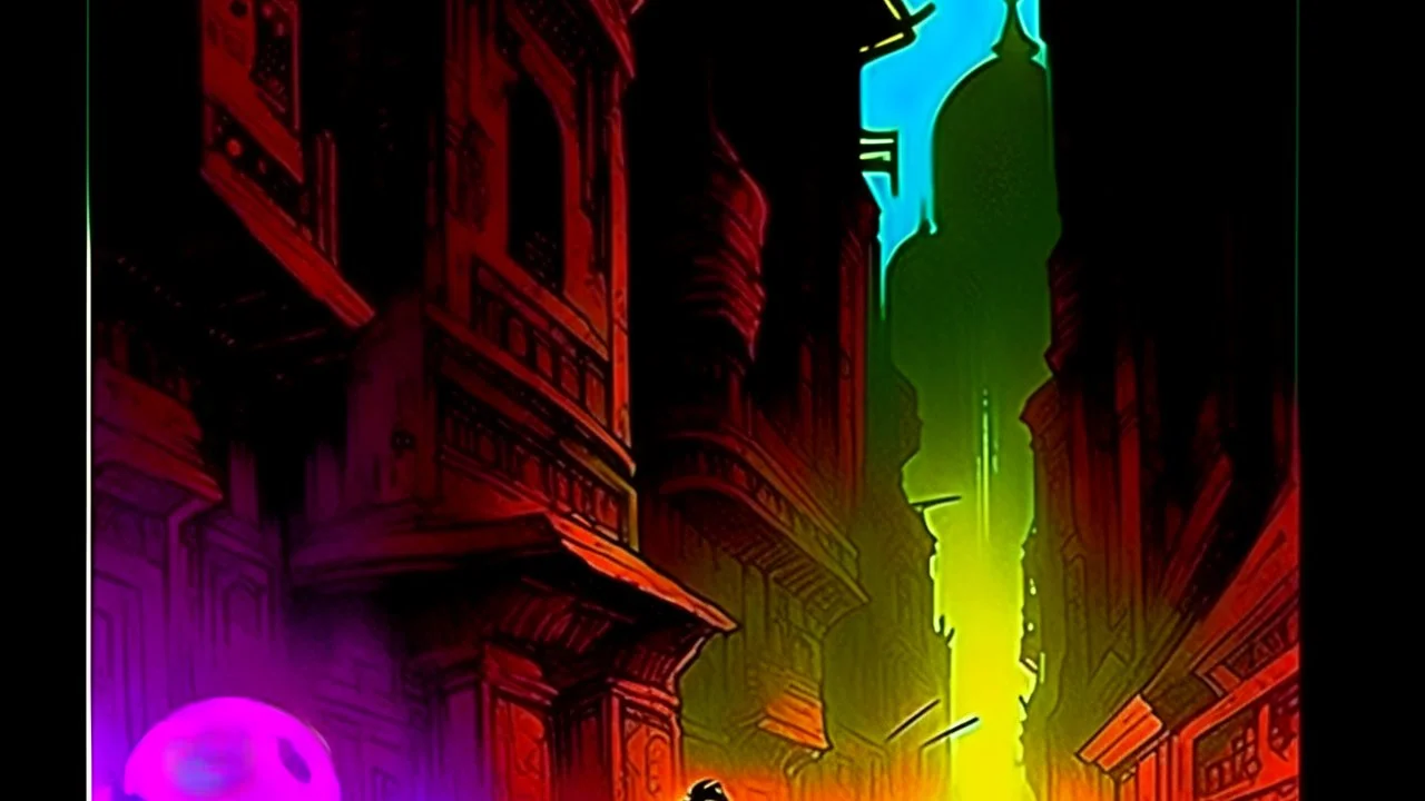 John Harris Style page, dark serious 1990s style, ((masterpiece, best quality)), (((solo))), full color, retro anime style, full color, dark serious 1980s steampunk cityscape, magic,