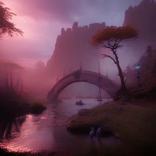 Artemis Tapınağı fantasy fantasy art, sunset rainbow bridge birds, lighting, cinematic, extremly, mist, unreal engine 5, cinematic lighting, beautiful, photorealistic, abstract