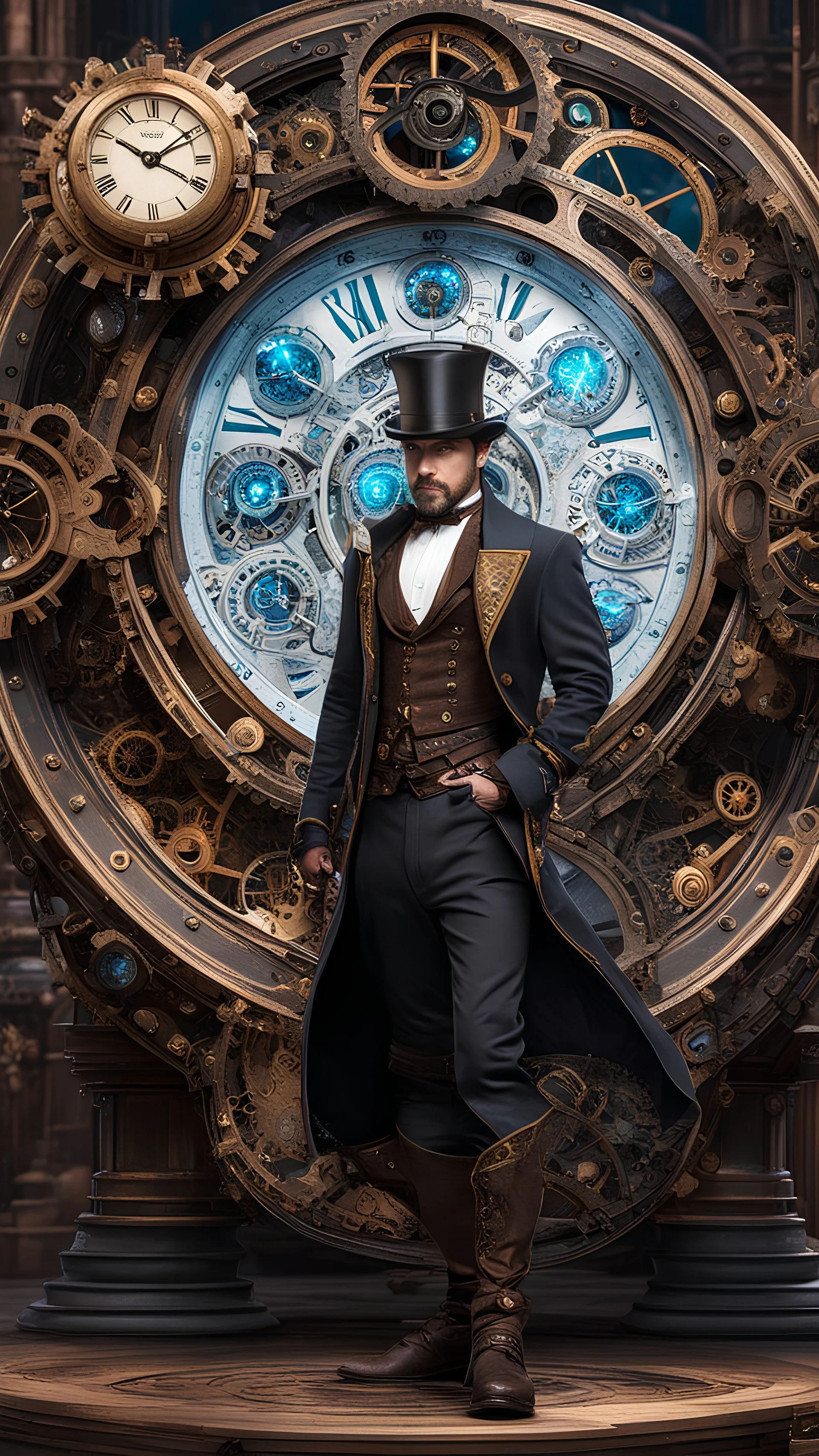 a time-traveling machine explorer surrounded by intricate gears, clocks, and time portals. Showcase detailed Victorian-inspired steampunk attire and emphasize the fusion of past and future elements