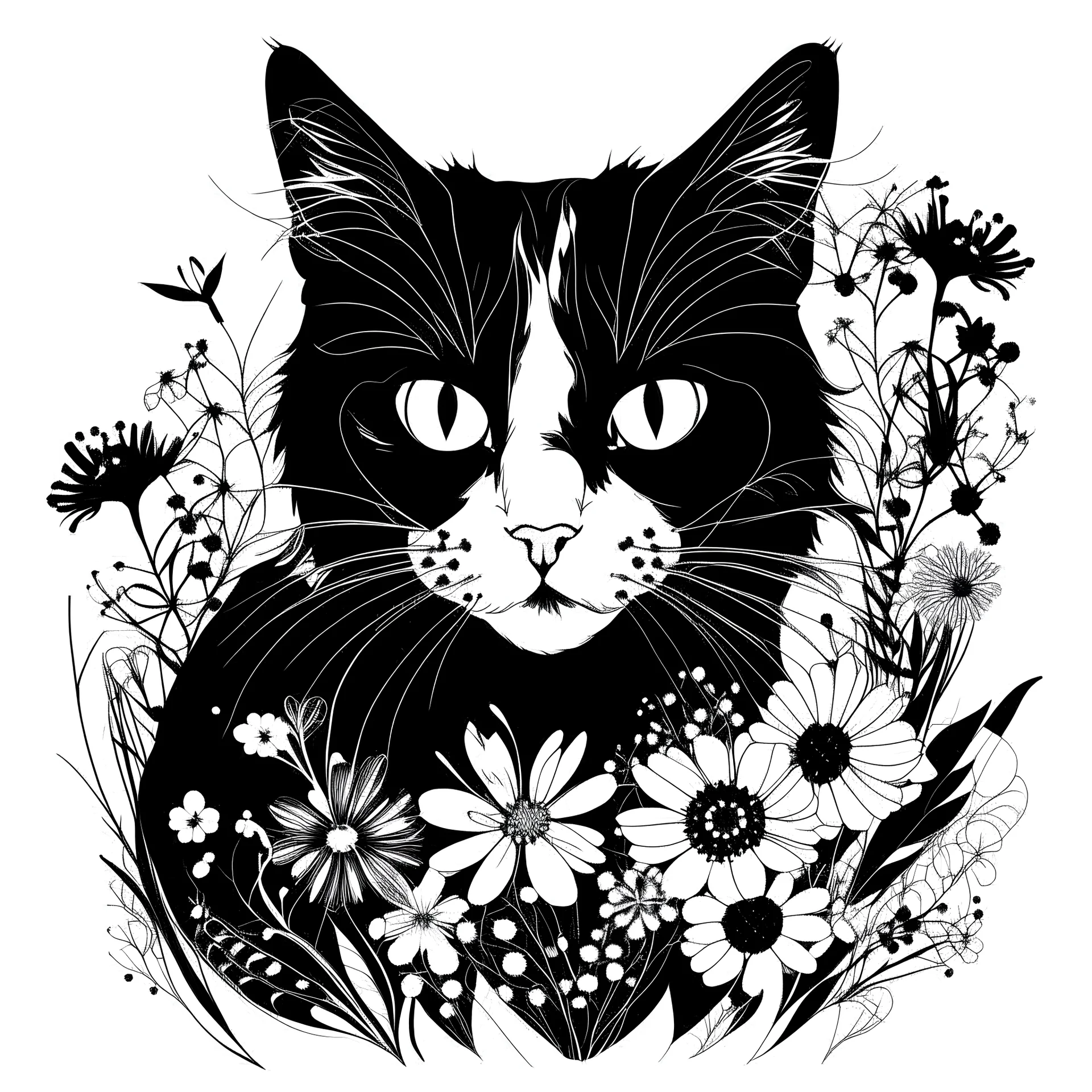 black and white thick art on a white background cat with flowers