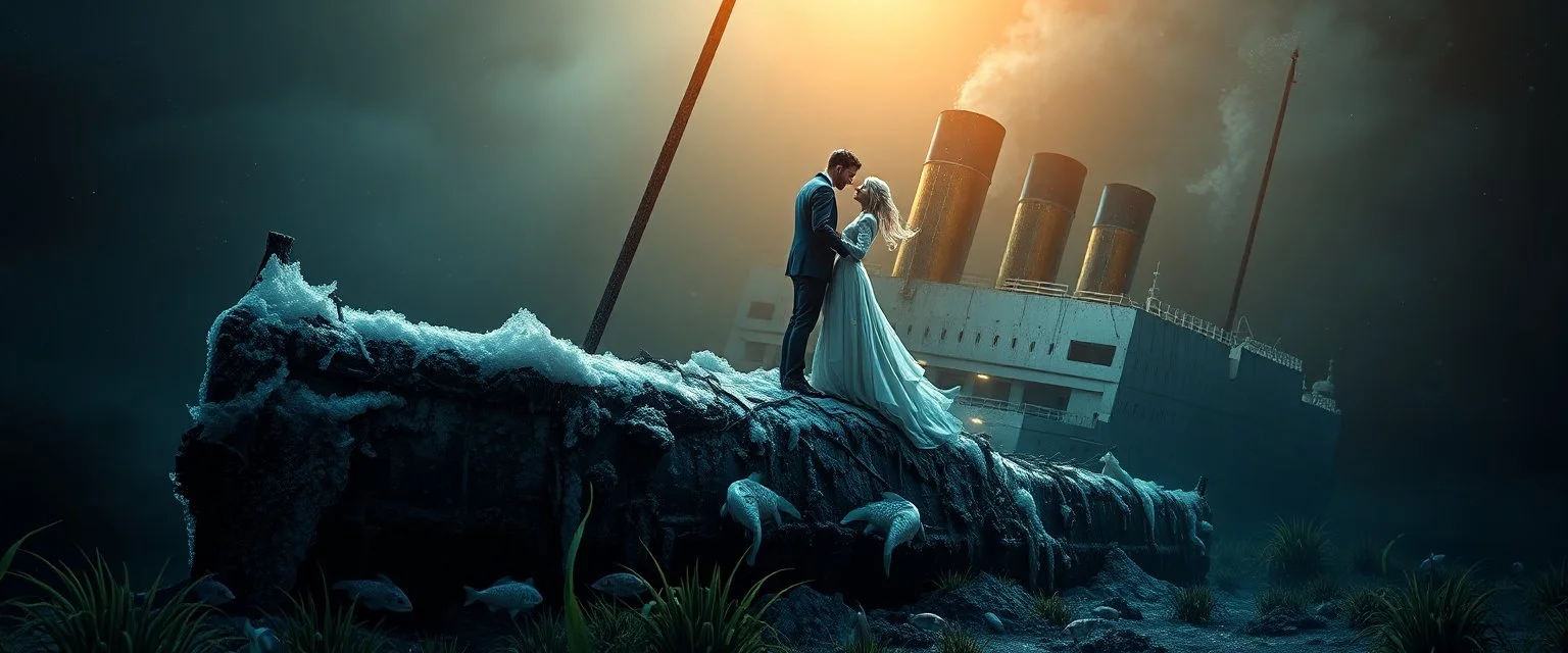 A Hyper Realistic and Hyper Detailed frozen bodies Of Jack And Rose Of Titanic standing in their romantically signature pose On The Edgy-Top Of The Massive Titanic Shipwreck sank in the deep of the ocean, the dark destroyed shipwreck gives the haunted creepy vibe, water grass & piranha fishes showing Dramatic And cinematic Ambiance.