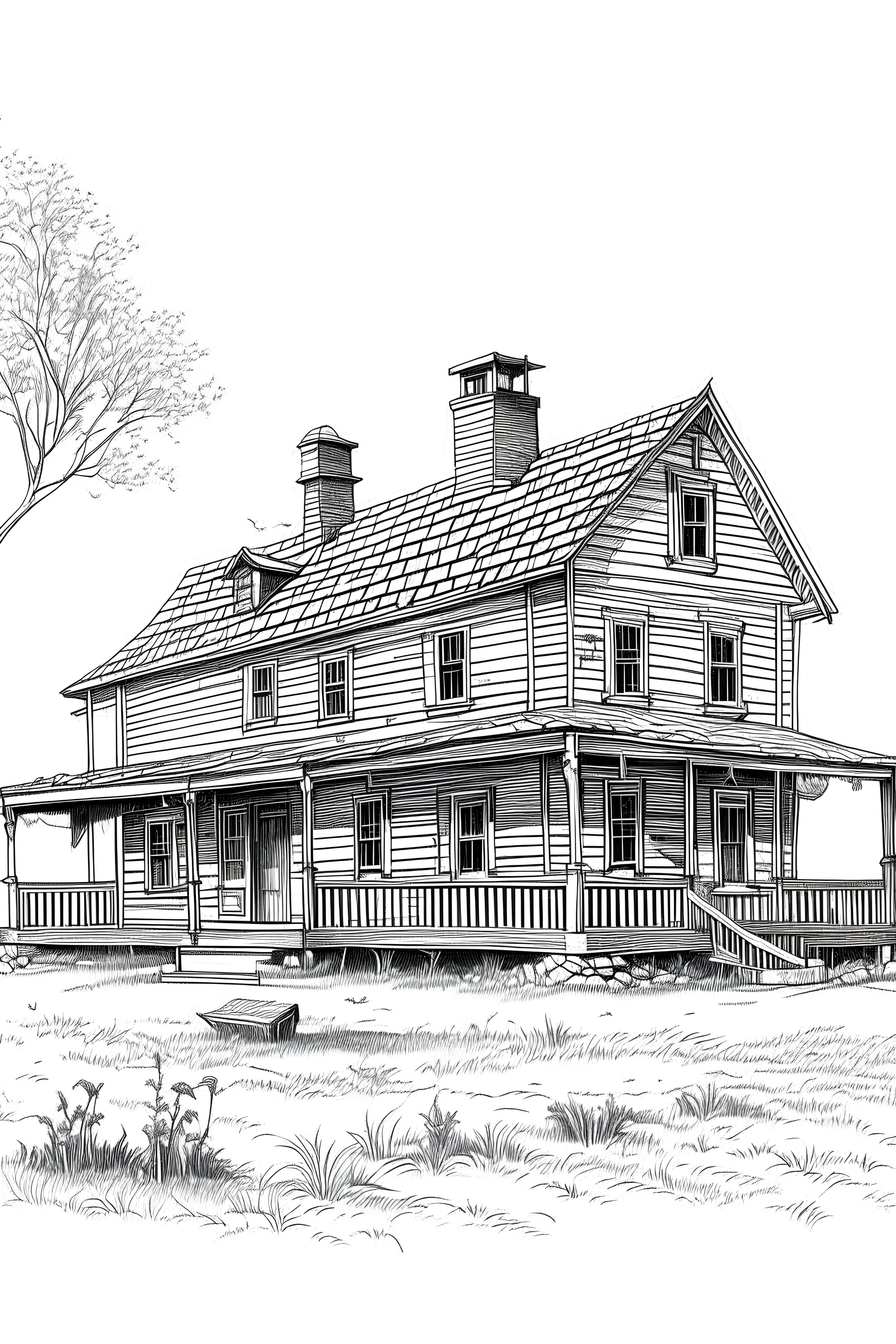 line drawing old farmhouse