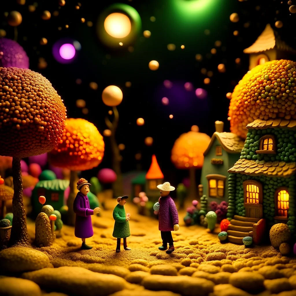 Detailed people, street made of modeling clay and felt, village, stars, galaxy and fog, planets, moon, volumetric light flowers, naïve, Henri Rousseau, strong texture, extreme detail, Yves Tanguy, decal, rich moody colors, sparkles, Harry Potter, bokeh, odd, shot on Ilford