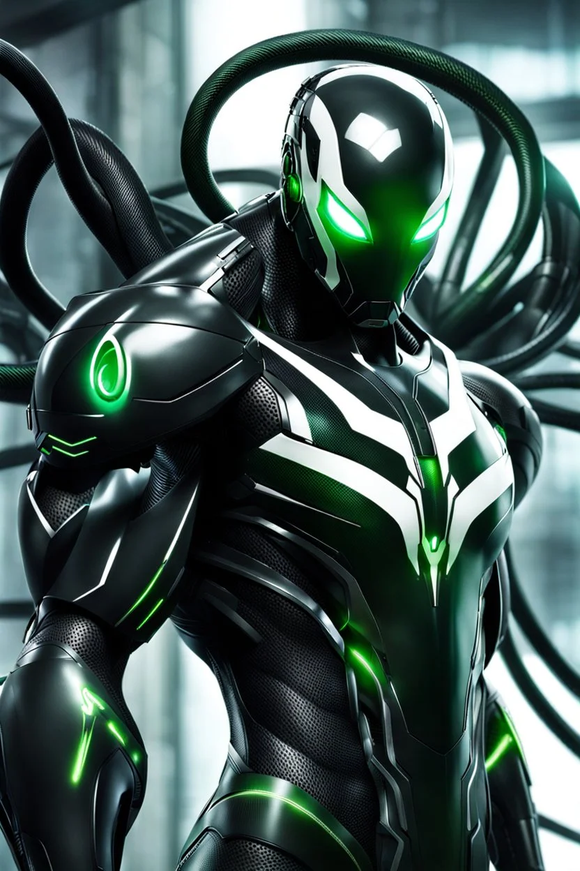 Cyborg symbiote, white color, green color, tendrils, high tech, cyberpunk, biopunk, membrane wings, carbon fiber, cyber tentacles, and the other two.