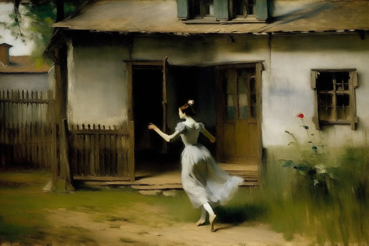 A female dancer near a house painted by Edgar Degas