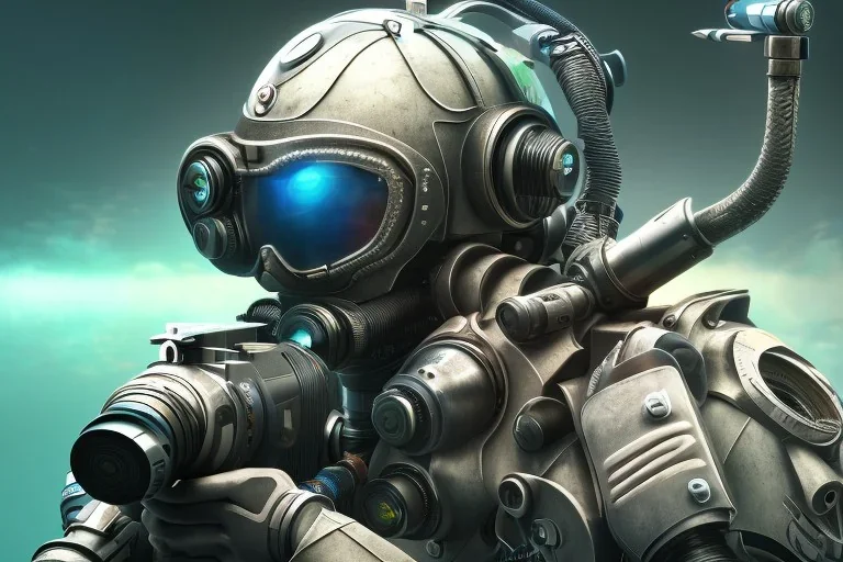 diver like a cyborg,with gun,detail,textures,cinematic,aqua