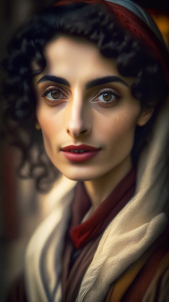 a female face in the styles of Egon Schiele, gustave dore and david mann, retro vintage style, hd photography, photorealistic:1.5), raw photo, 8K, Ultra HD: 1.5)(masterpiece:1.3, ultrahighres, :1.2) Cinematic shot of arab 23 years old, ultra petite, woman with pale skin she is sitting on an old chair, the woman who is alluring beautiful charming engaging enticing fair glamorous good-looking gorgeous handsome interesting inviting lovely pleasant pleasing tempting fit good-looking gorgeous lush dr