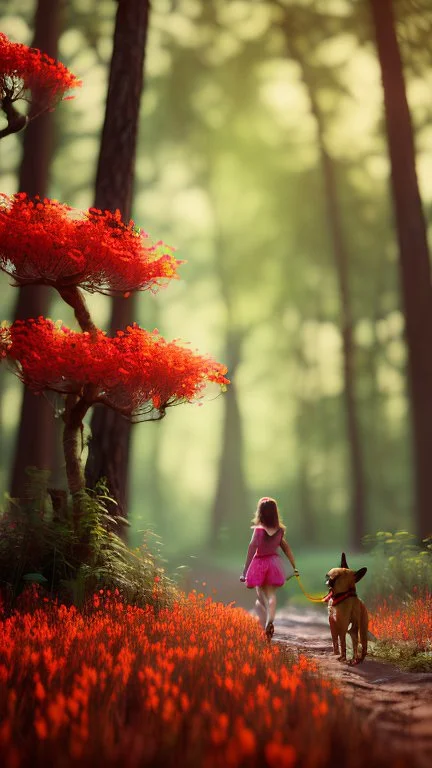 bright colorful with young girl walking in woods, lots of red flowers, with a yellow dog