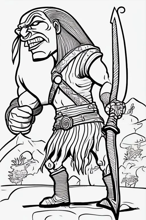 coloring book page of a gigantic troll holding a sword