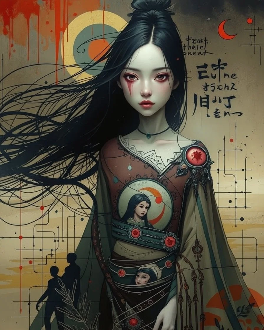 No corners drawing lines dots Kandinsky A full-body pretty African Asian moon goddess draped in flowing celestial fabric walks on water beneath a glowing full moon. Her gown unfurls like clouds, catching starlight and golden dust in the night air. The scene is surreal and divine, with painterly textures and a balance of shadow and illumination vertical Award winning imagery trompe l'oeil 3D surrealism masterpiece of Odilon Redon's dreamlike surrealism. kintsugi painting of abstract squares creat