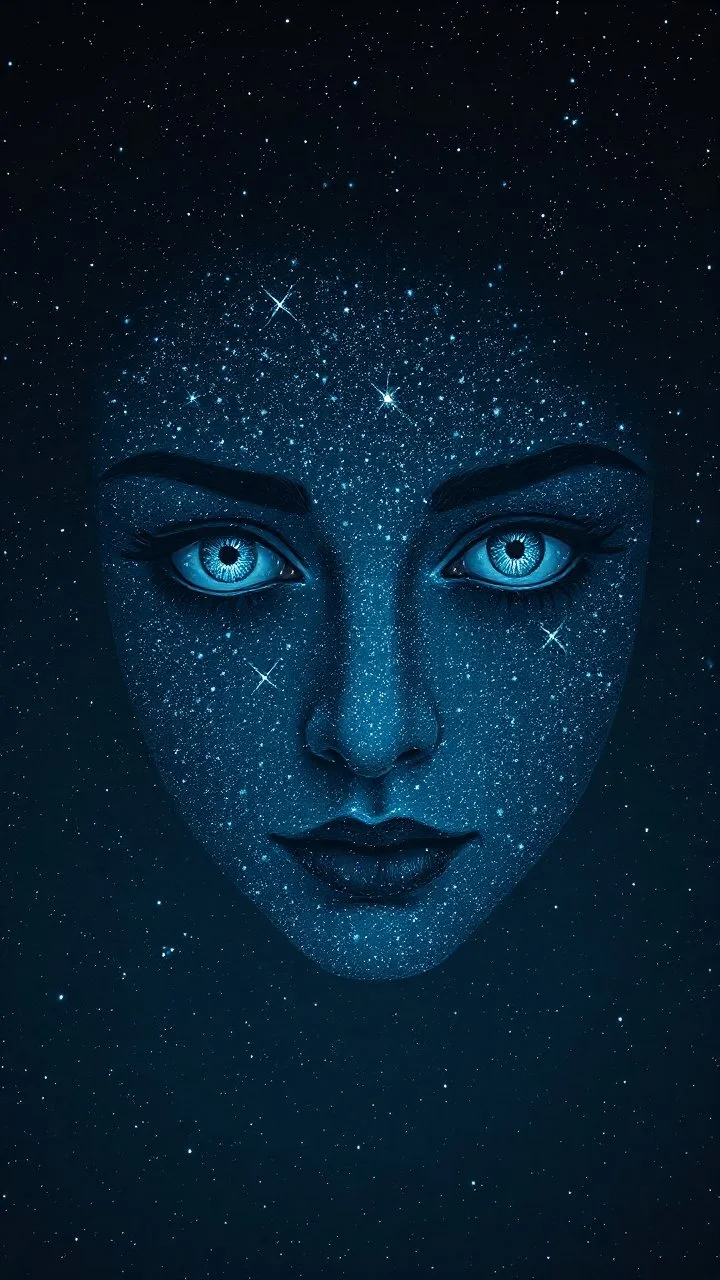 An eerily mesmerizing scene of a surreal nightscape, where the vast, inky canvas of the sky is brought to life by the ethereal visage of a woman. Her face, composed of hundreds of twinkling stars, emerges from the cosmic tapestry, each star a meticulous brushstroke in this celestial portrait. The woman's eyes, two luminous orbs, gaze serenely downward, reflecting the mysteries of the universe held within their depths. Her delicate features, from the arc of her eyebrows to the gentle curve of her