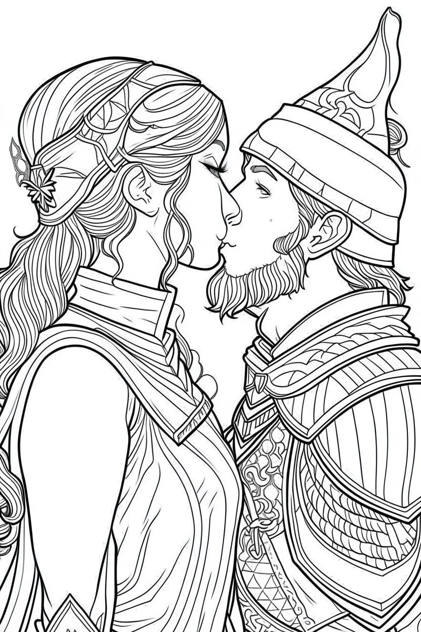 Fantasy coloring page, minimal detail. HD. Woman kissing a male knight with a beard. No background detail.