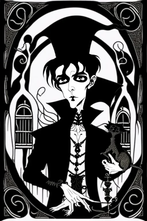 goth male necromancer with black hair and rats in the style of Aubrey Beardsley