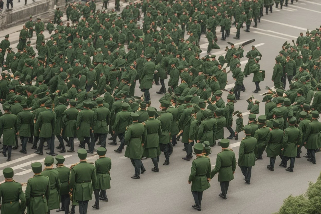 soldiers marching in formation; facing away from camera; military parade; tight formation; shoulder to shoulder; marching along a street; green uniforms; medals and insignia; long distance perspective; birds eye view; large parade;