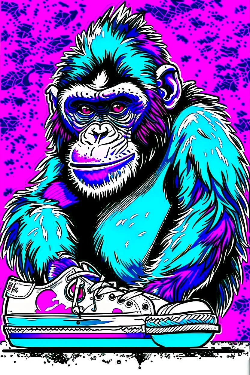 a profile picture of a small gorilla sitting in a purple Converse sneaker, like it's a car, comic style