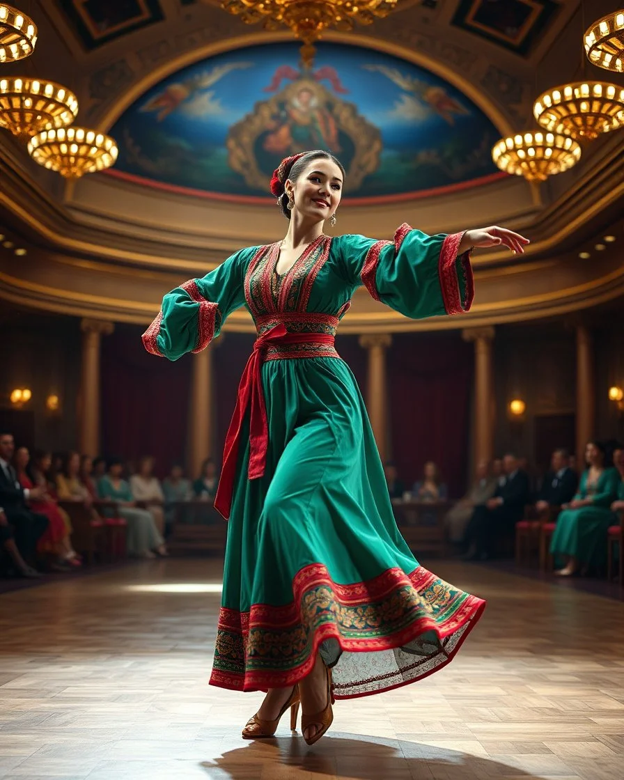 azeri female full bdy with traditional dance clothing in modern stage in a royal hall