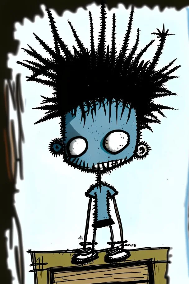 2d drawing of a stickman, cool with punk hair, x eyes like in hangman, driving a porch, 3d realistic in colour