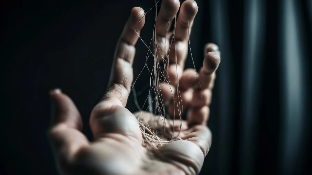 يد تمسك بخيوط الدمى، تمثل سيطرة الشخص على الآخرين.