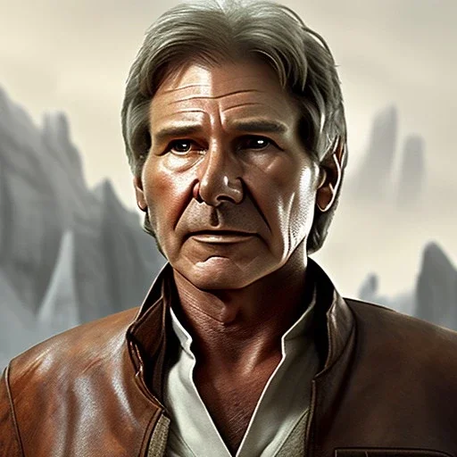 stunning photo realistic head to waist portrait of harrison ford as han solo in star wars with photo realistic short hair by alice zhang,Sam Spratt, Yi Fan, Houston Sharp, Matija Obrovac, Sharp focus, brown eyes, realistically and naturally weathered rough skin,space jacket from star wars, octane render, intricate