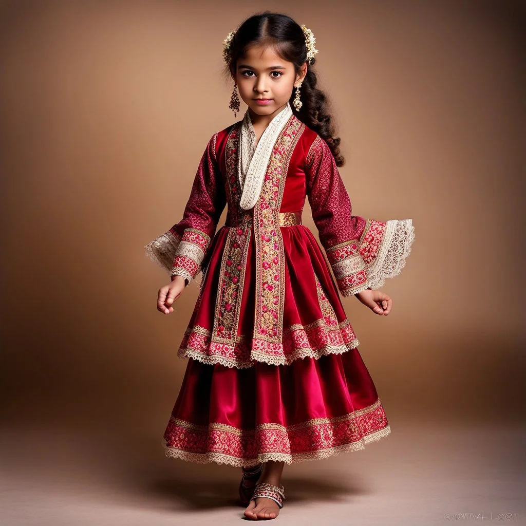 full body 7years old girl ,simple background, full body of very pretty little girl in azeri dance wearing A underdress or shirt, often made of silk,A fitted, often velvet or brocade, jacket worn over the shirt.Wide, bell-shaped skirts are worn, often long and layered to create beautiful movements while dancing, with a long lace scarf at back of her head ,with pretty shoes,in T pose looking at camera.